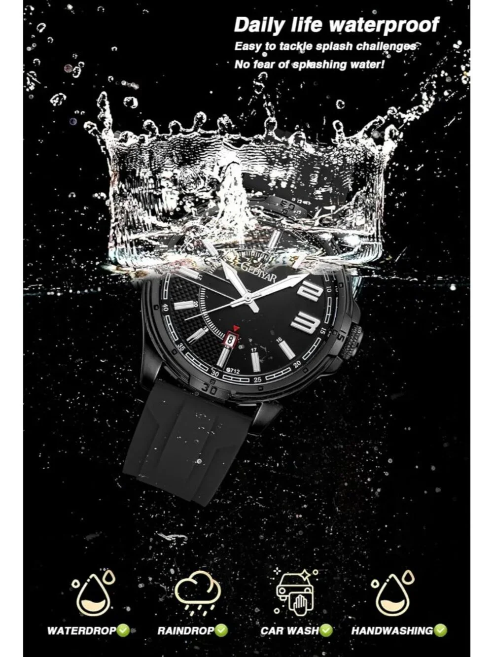 Men's Black Analog Quartz Sports Silicone Strap Waterproof Classic Wrist Watch